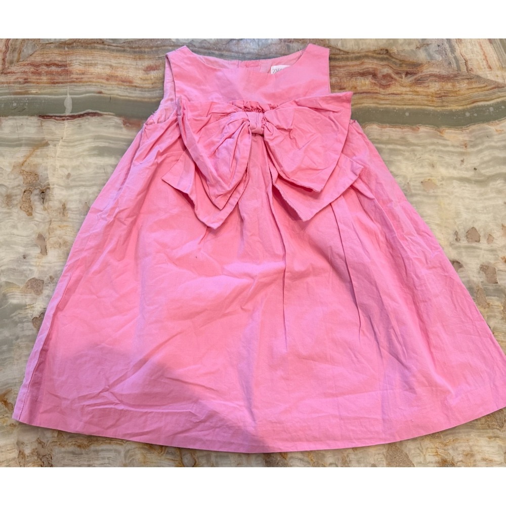 Zara Girls A-Line Dress Pink Bow Sleeveless Knee Length Round Neck Size 3-4Years